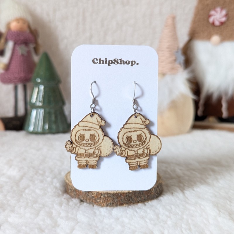 Boucles d'oreilles en bois, Labubu Noël