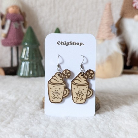 Boucles d'oreilles en bois, mug chocolat chaud