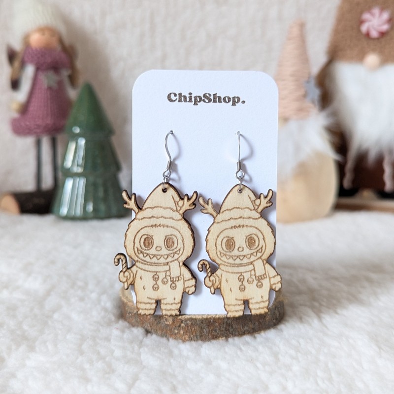 Boucles d'oreilles en bois, Labubu candy cane