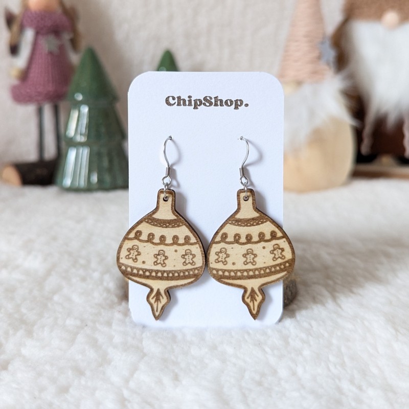 Boucles d'oreilles en bois, boule sapin