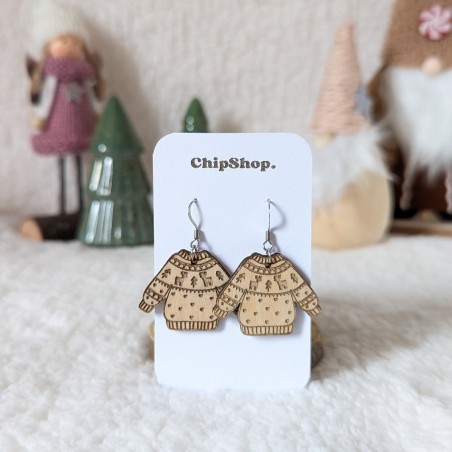 Boucles d'oreilles en bois, pull de Noël