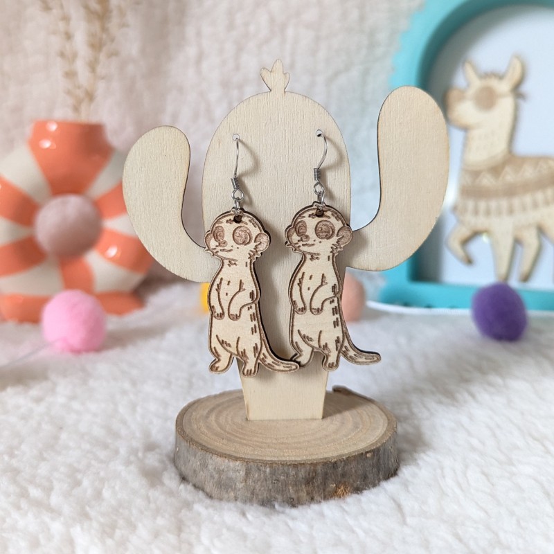Boucles d'oreilles en bois, Suricate