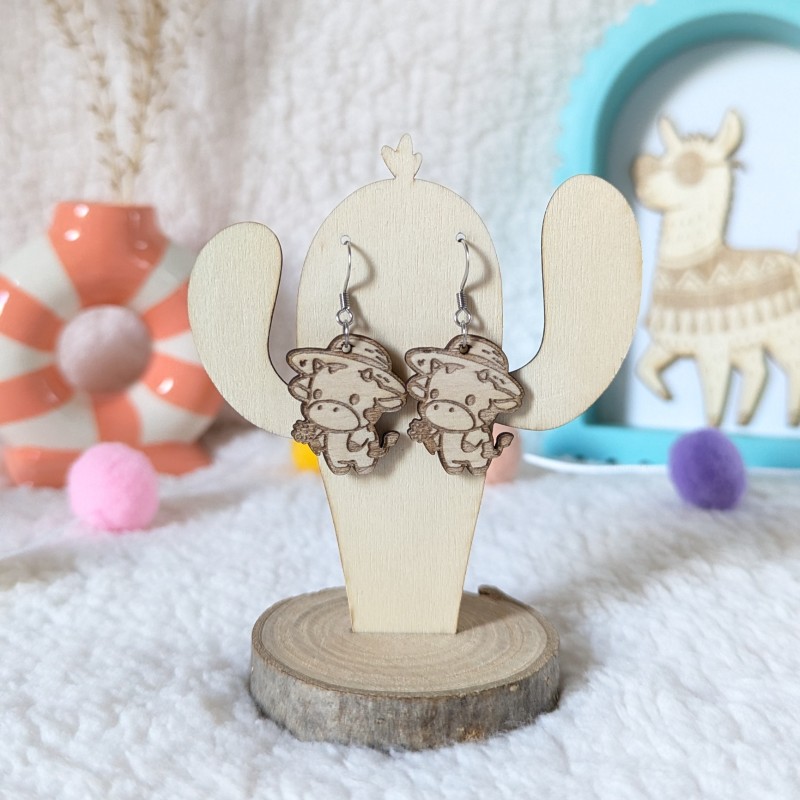 Boucles d'oreilles en bois, vachette